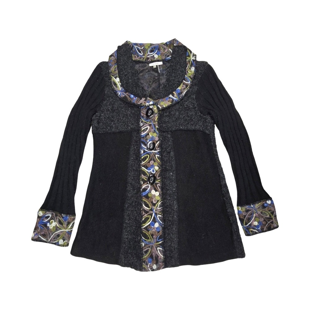 Sioni Boho Black Wool Mohair Embroidered Floral Button Front Cardigan LG Artsy